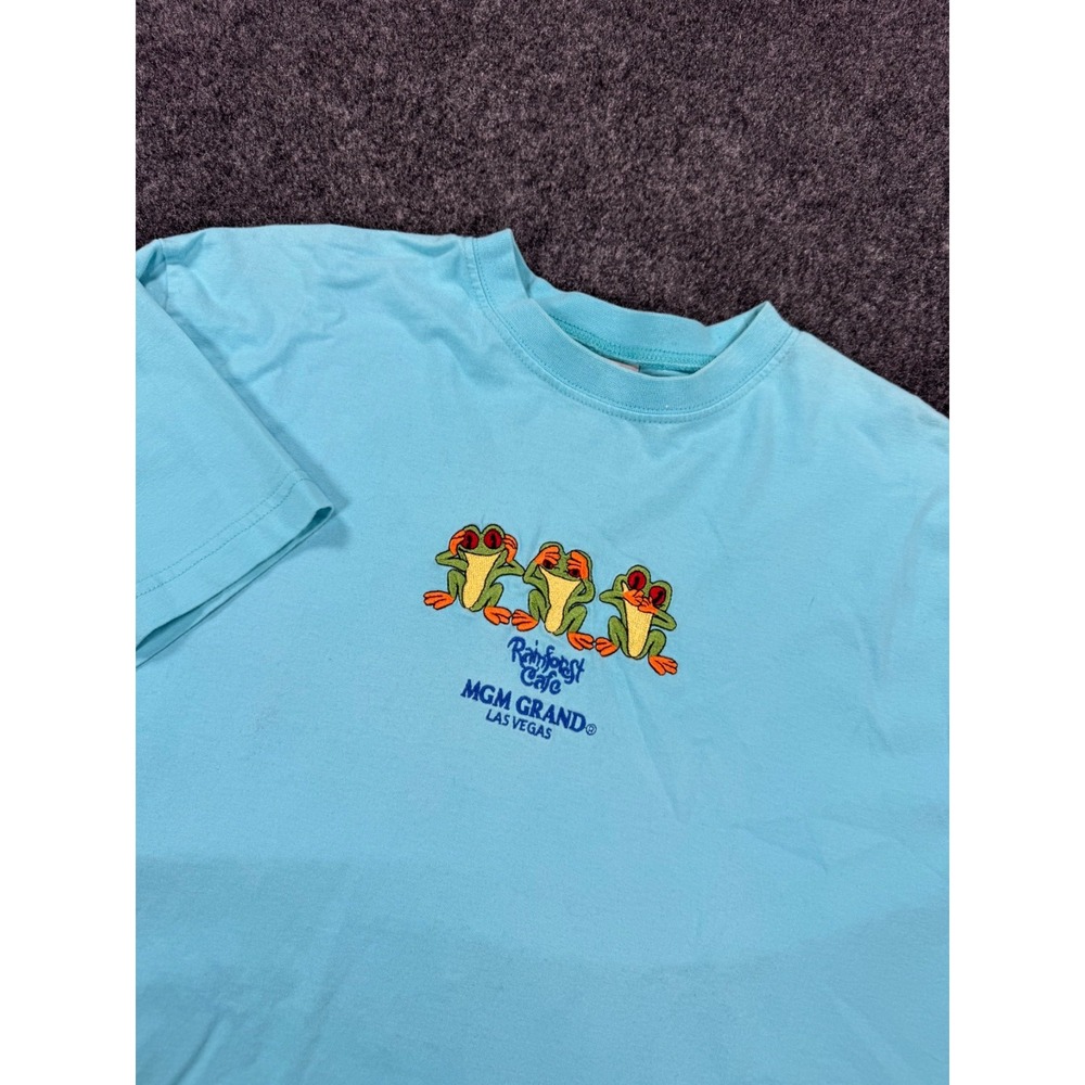 Rainforest Cafe MGM Grand Las Vegas T Shirt Mens L Blue Embroidered Frogs